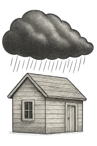 House under dark storm cloud